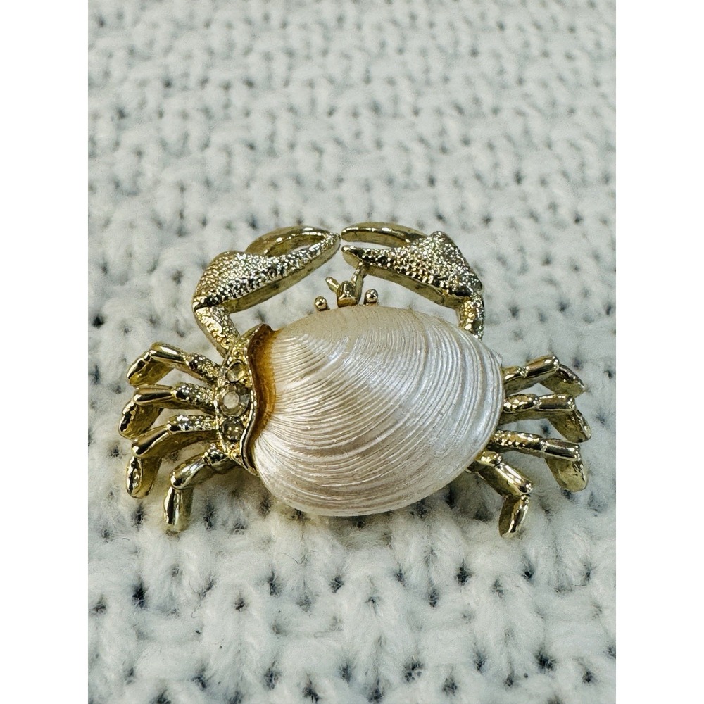 Lot of 2 Gold Tone Crab Brooch Pins Pearl Shell Look Rhinestone Coastal Jewelry